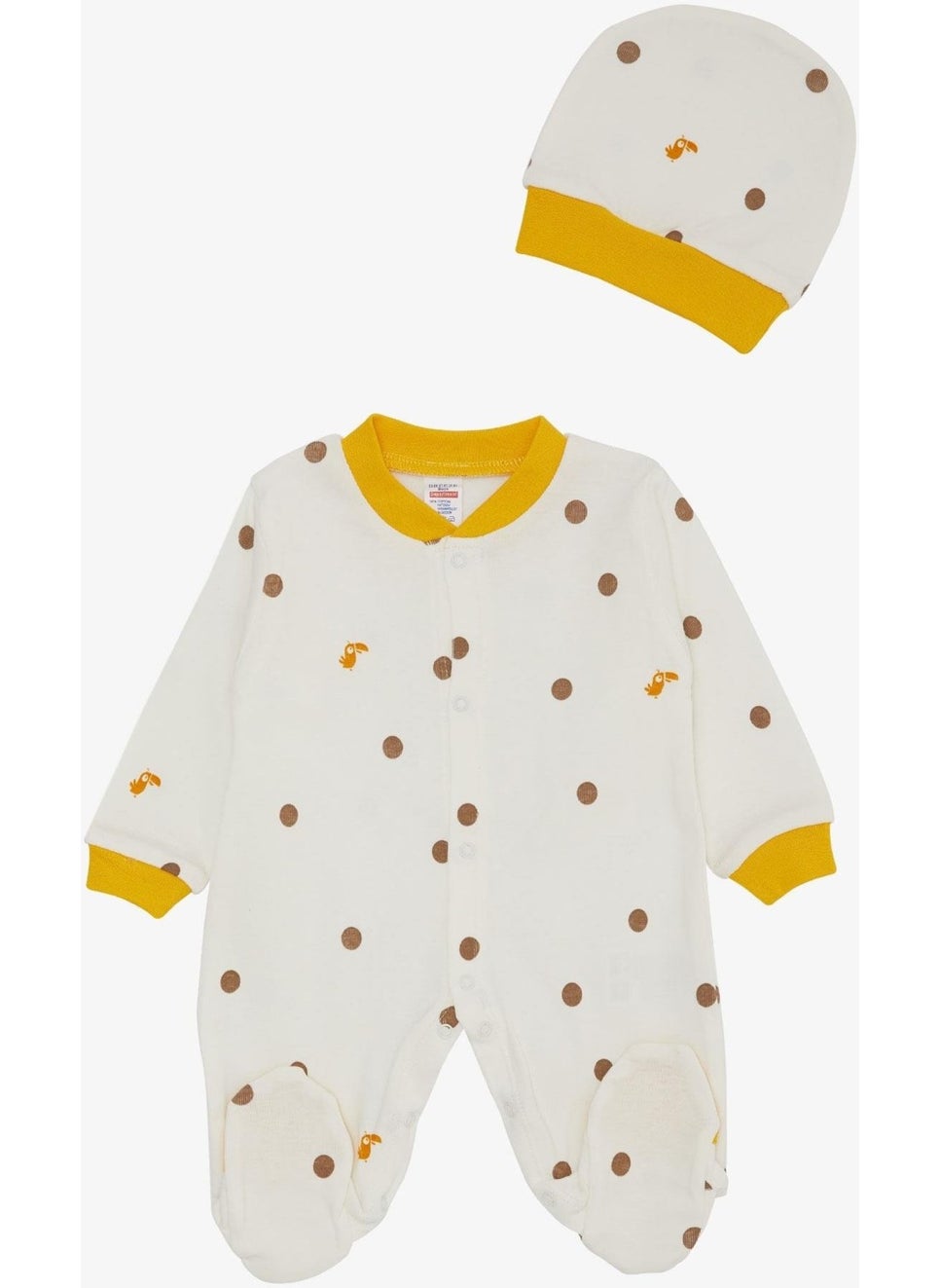 Baby Boy Booties Jumpsuit Cute Toucan Bird Patterned Polka Dot 0-6 Months, Ecru