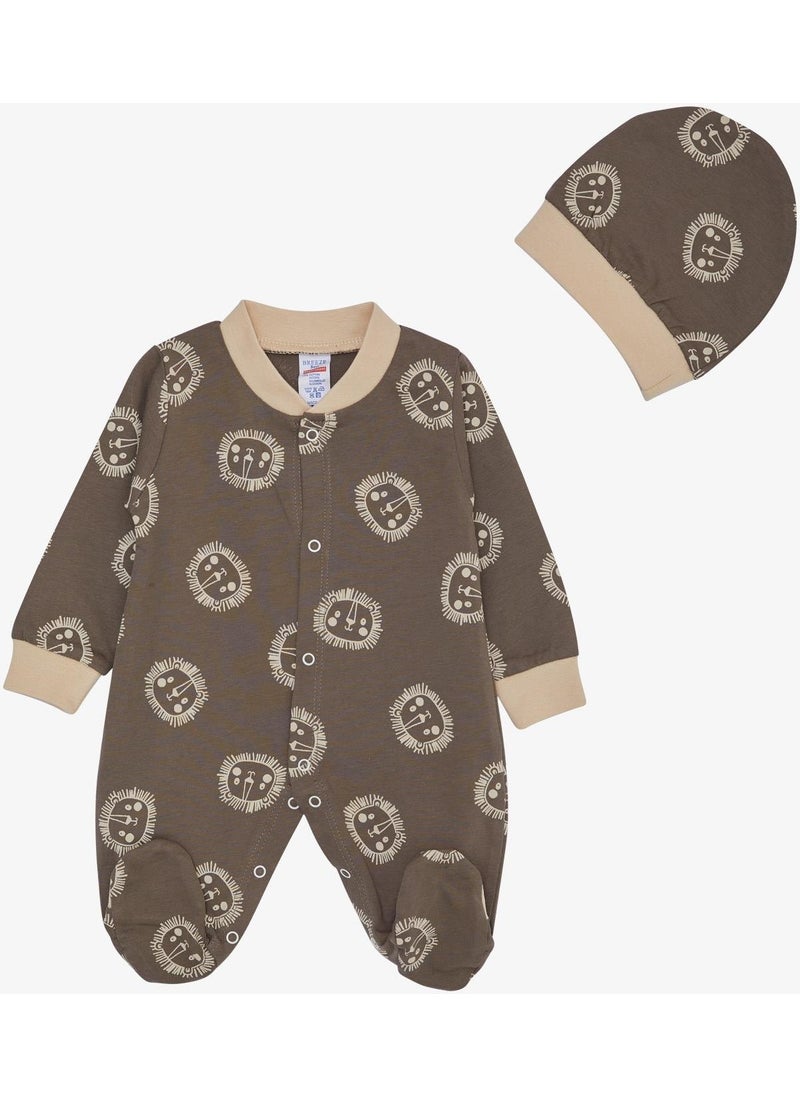 Baby Boy Booties Jumpsuit, Cute Lion Pattern, 0-6 Months, Mink