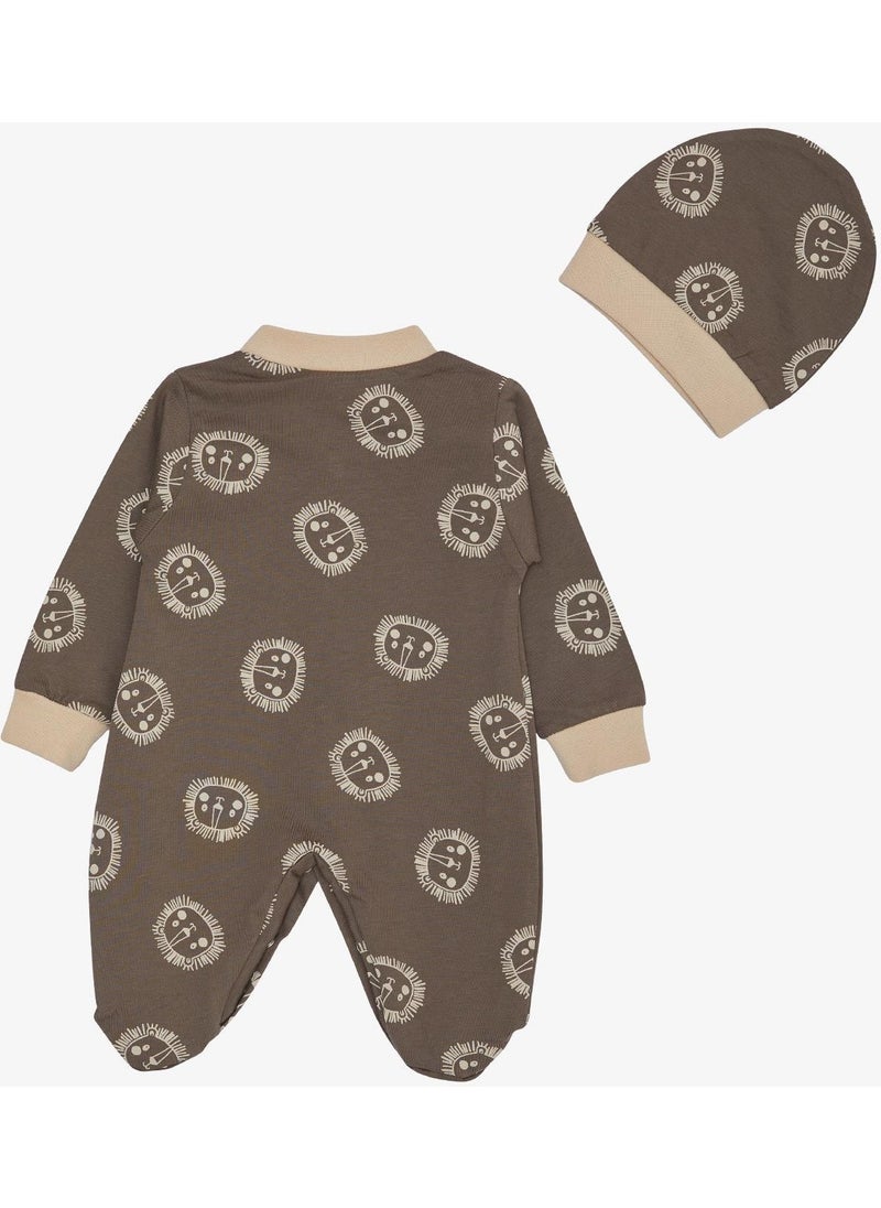 Baby Boy Booties Jumpsuit, Cute Lion Pattern, 0-6 Months, Mink