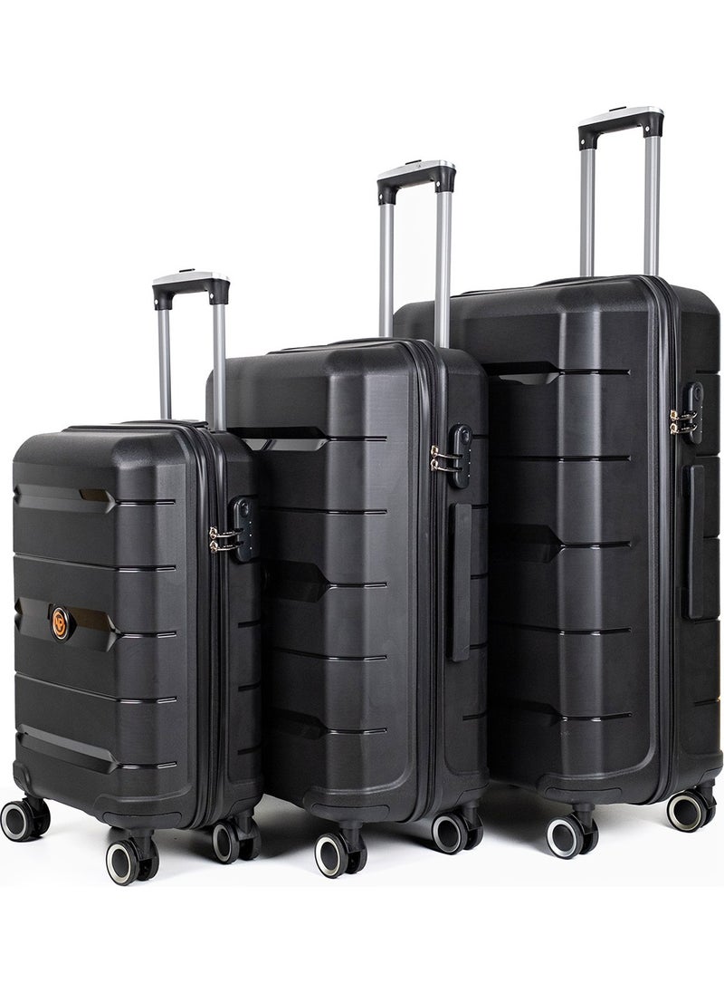 Diamond Pp (Polypropylene) Cabinet, Medium and Large Size 3-Piece Unbreakable Suitcase Set-Black