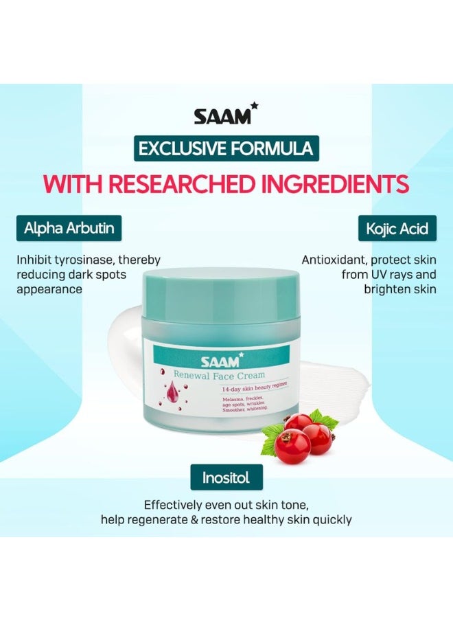 SAAM Renewal Face Cream | Melasma, Freckles, Age Spots & Dark Spots | With Alpha Arbutin and Kojic Acid | 50g