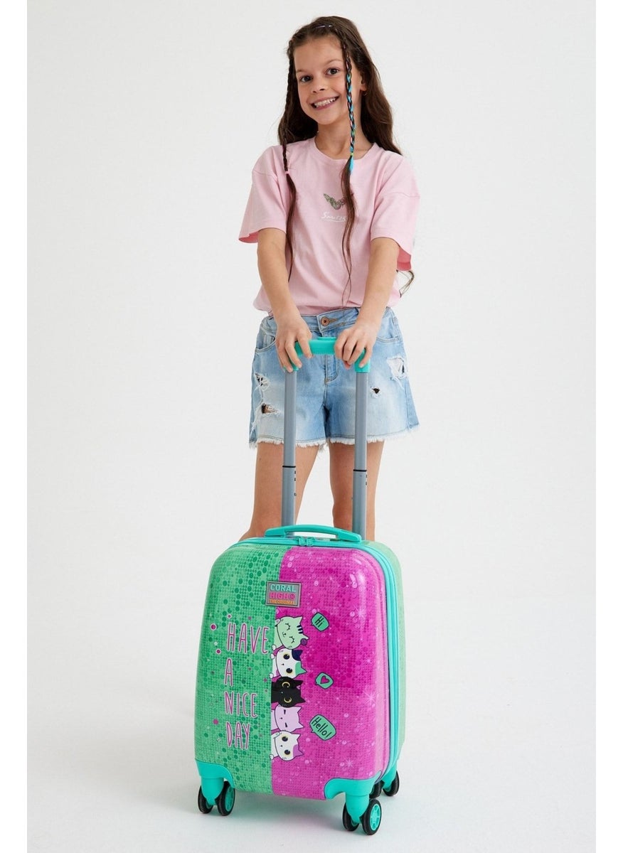 Green Kids Pink Aqua Green Cat Patterned Children's Suitcase 16725 Daily Patterned Patterned No 100% Origin