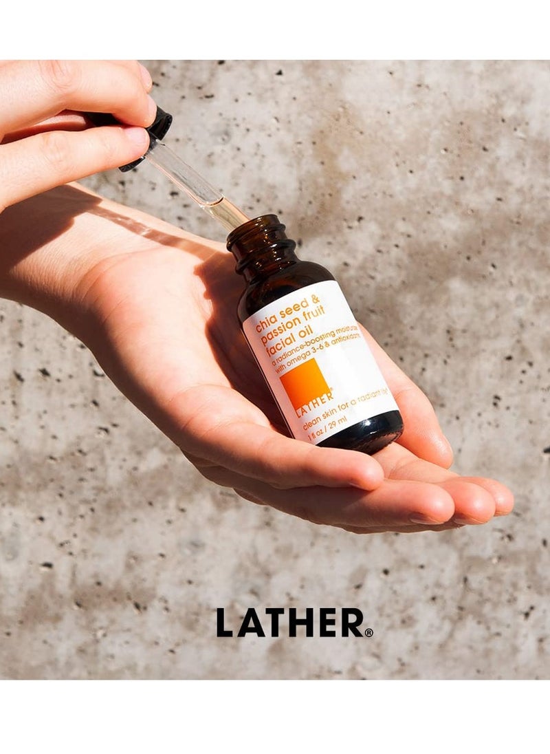 LATHER Chia Seed & Passion Fruit Face Oil - Vitamin C, E and A Boost, with Rosehip & Lavender - Lightweight & Absorbing Formula - Moisturizing for Combination, Dry, Mature & Sensitive Skin - 1 Fl Oz