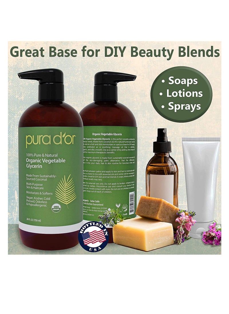 PURA D'OR 100% Pure USDA Organic Vegetable Glycerin Premium Grade Derived from Coconut Oil 24 Fl oz