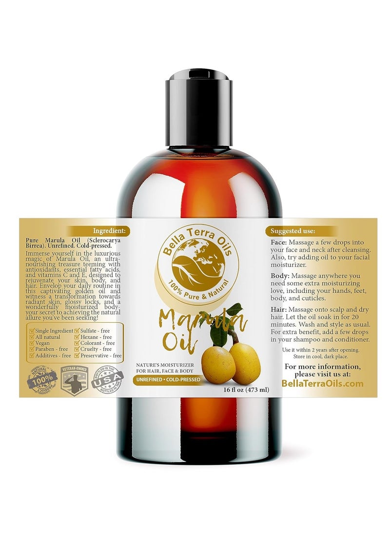 Bella Terra Oils - Marula Facial Oils 16oz - Dive Deep into the Luxury of Nature, Rich in Flavonoids & Minerals, Daily Dose of Radiance