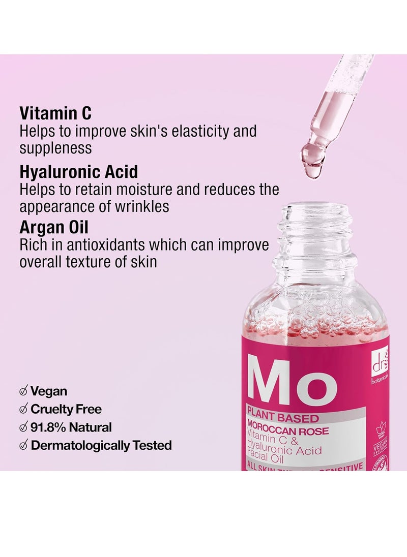 Dr Botanicals Moroccan Rose Oil -With Vitamin C & Hyaluronic Acid – Anti-Ageing, Brightening & Hydrating Water-Based Serum - Glow-Boosting Facial Oil for Radiant Skin – Made in UK – 30ml