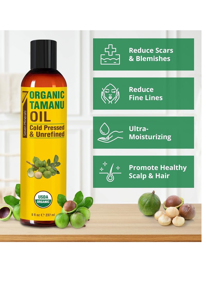 Seven Minerals USDA Organic Tamanu Oil - Big 8oz (240ml) - Cold Pressed & 100% Pure Tamanu Oil Organic for Skin, Face, Hair, & Nails - GMO & Hexane Free Nutrient Dense Carrier Oil that Absorbs Easily