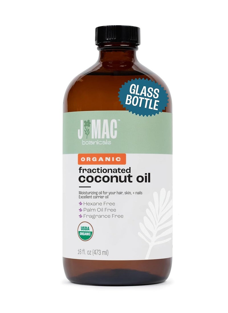 J MAC BOTANICALS Organic Fractionated Coconut Oil (16 Ounce Glass Bottle) Organic Carrier Oil and for DIluting Essential Oils, Moisturizer, Hair Care
