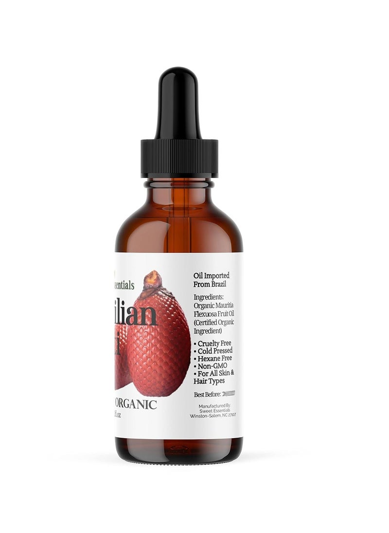 Sweet Essentials 100% Organic Buriti (Aguaje) Fruit Oil | Imported From Brazil | 2oz Glass Bottle With Glass Dropper | 100% Pure | Cold-Pressed | Natural Moisturizer for Skin, Hair and Face