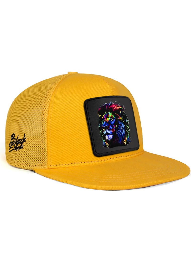 BlackBörk V1 Kids Hip Hop Colorful Lion - Unisex Yellow Trucker Kids Hat with 15 Code Logo (Cap)
