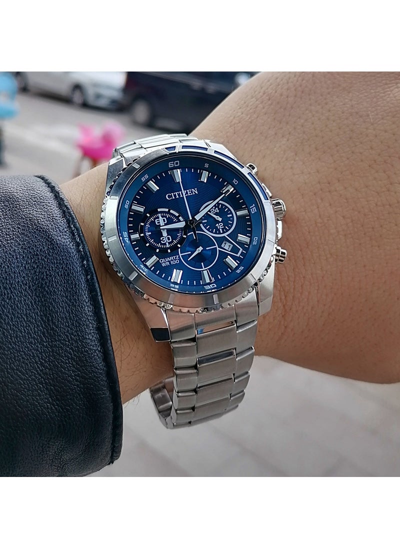 Navy Blue Steel Strap Men's Waterproof Wristwatch