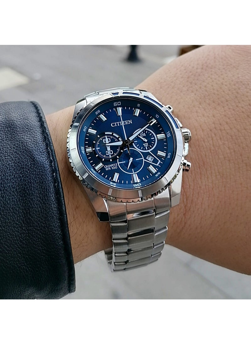 Navy Blue Steel Strap Men's Waterproof Wristwatch