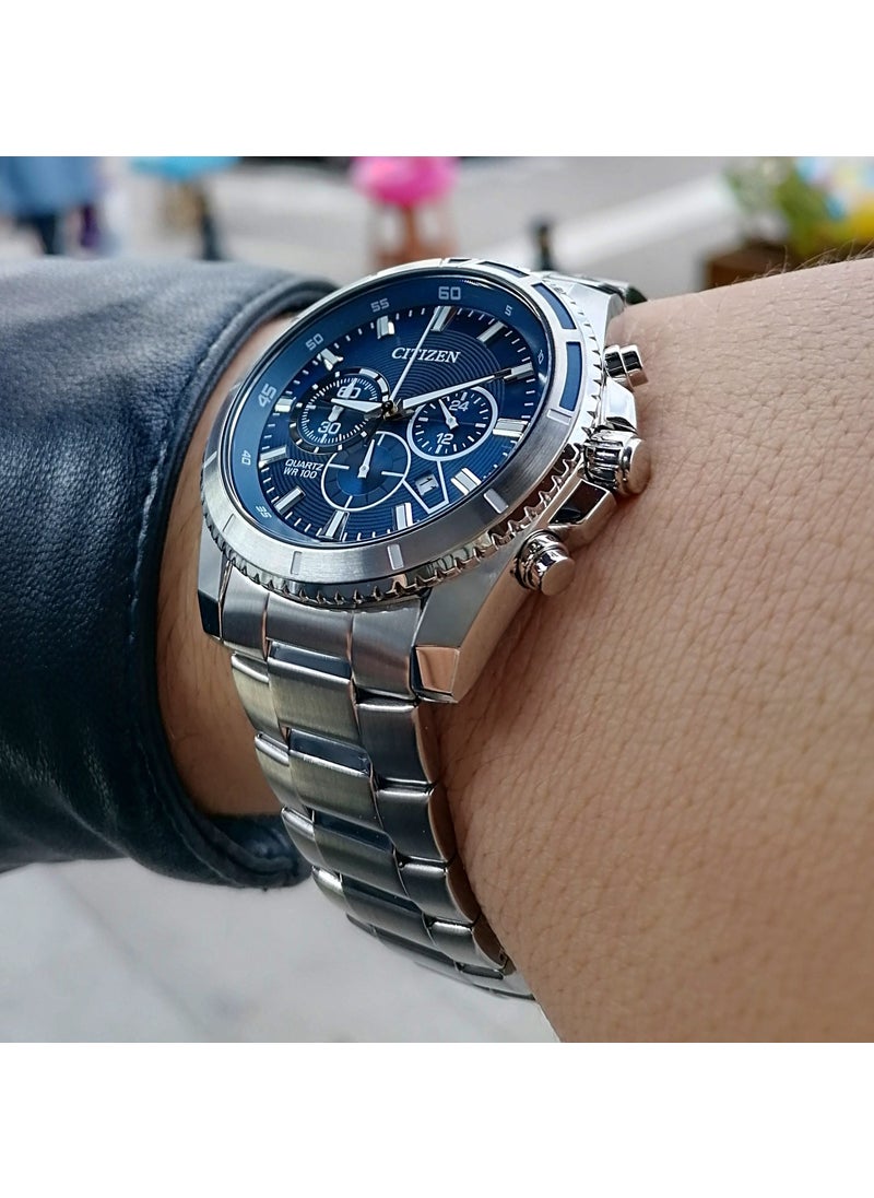 Navy Blue Steel Strap Men's Waterproof Wristwatch
