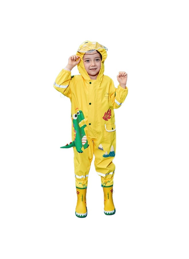 Bright Yellow 3D Dino Theme All Over Jumpsuit / Playsuit Raincoat for Kids