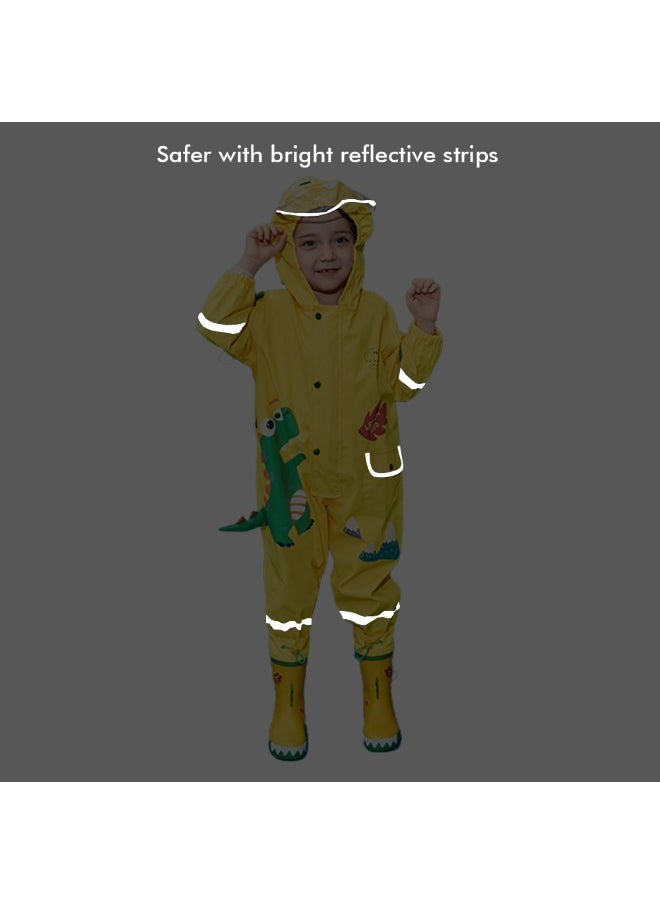 Bright Yellow 3D Dino Theme All Over Jumpsuit / Playsuit Raincoat for Kids