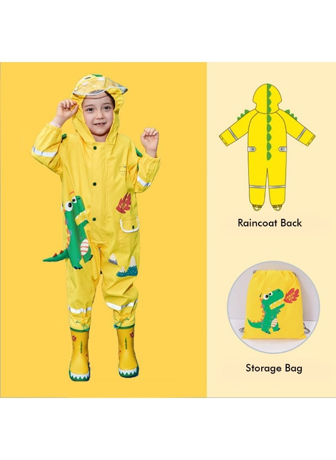 Bright Yellow 3D Dino Theme All Over Jumpsuit / Playsuit Raincoat for Kids