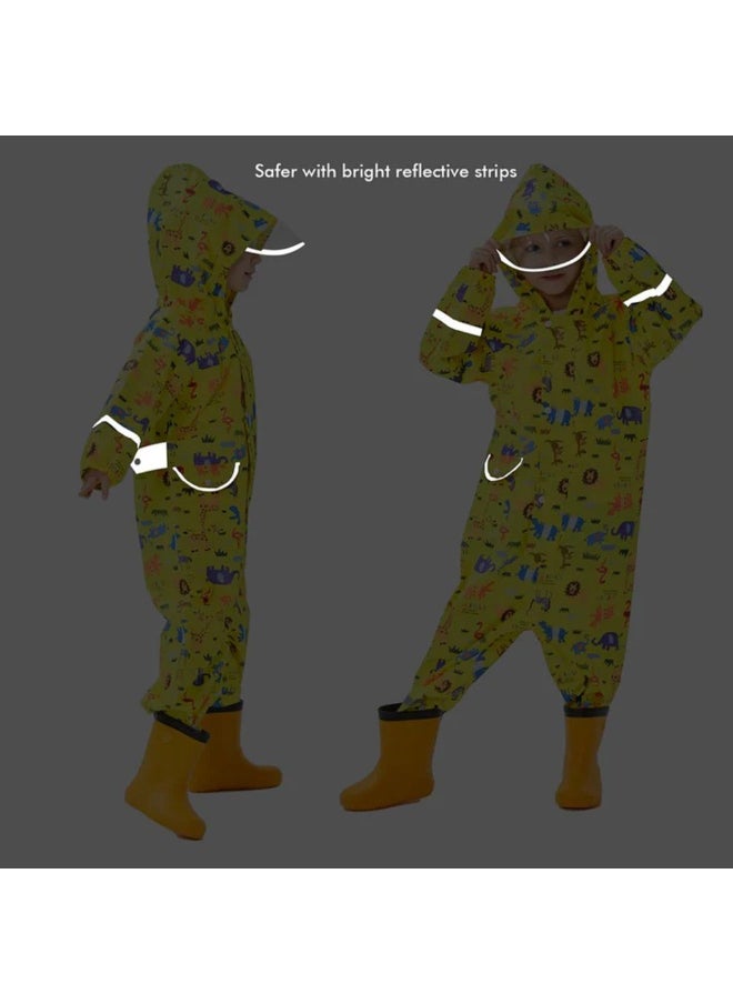 Yellow Safari Kingdom Theme All Over Jumpsuit / Playsuit Raincoat for Kids
