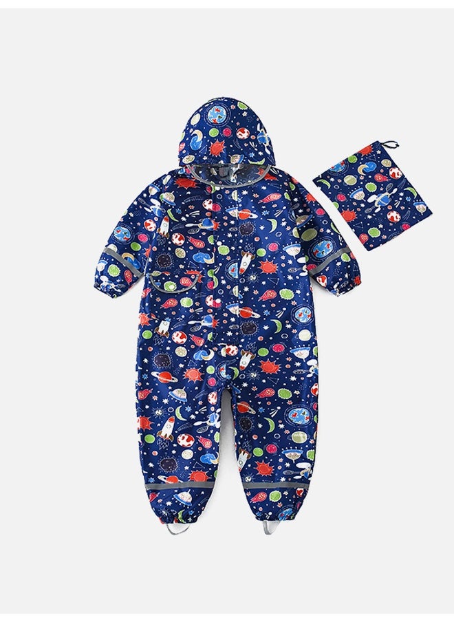 Dark Blue Starry Planets Theme All Over Jumpsuit / Playsuit Raincoat for Kids