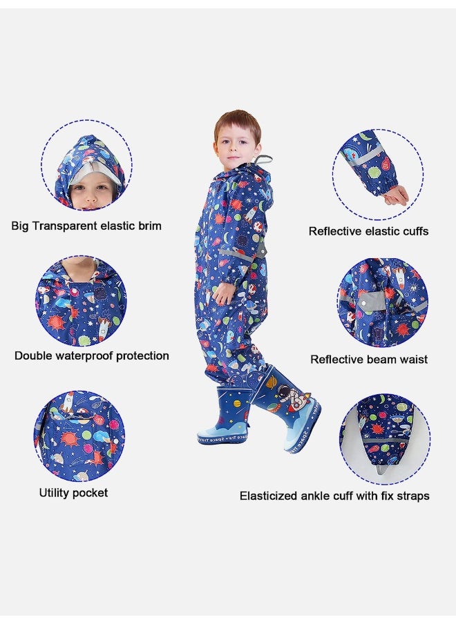 Dark Blue Starry Planets Theme All Over Jumpsuit / Playsuit Raincoat for Kids
