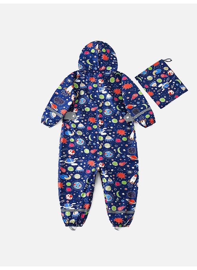 Dark Blue Starry Planets Theme All Over Jumpsuit / Playsuit Raincoat for Kids