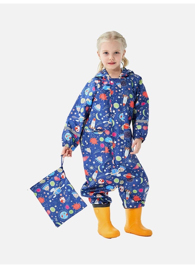 Dark Blue Starry Planets Theme All Over Jumpsuit / Playsuit Raincoat for Kids