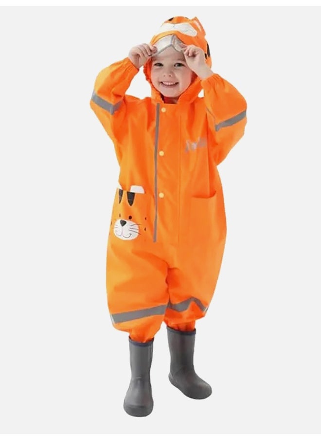 Bright Orange Roaring Tiger Theme All Over Jumpsuit / Playsuit Raincoat for Kids