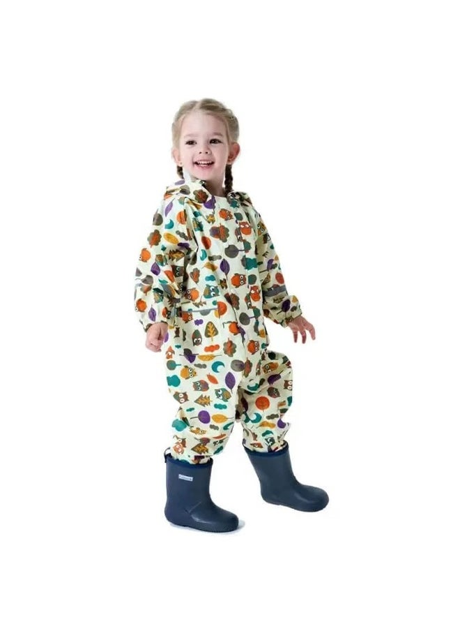 Cream Woodland Owl Theme All Over Jumpsuit / Playsuit Raincoat for Kids