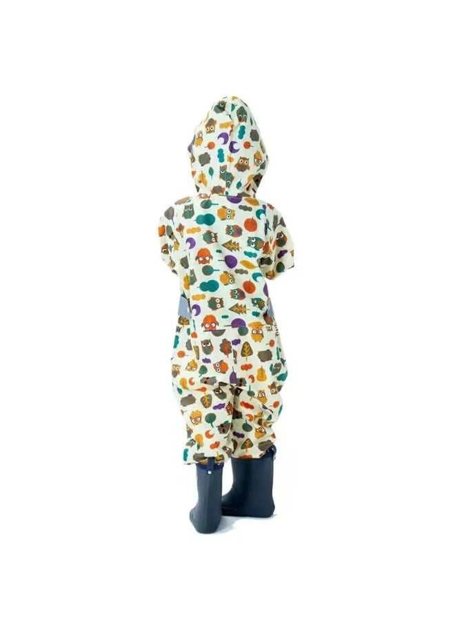 Cream Woodland Owl Theme All Over Jumpsuit / Playsuit Raincoat for Kids