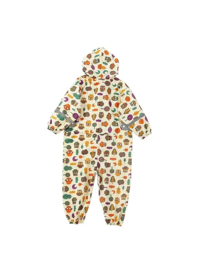 Cream Woodland Owl Theme All Over Jumpsuit / Playsuit Raincoat for Kids