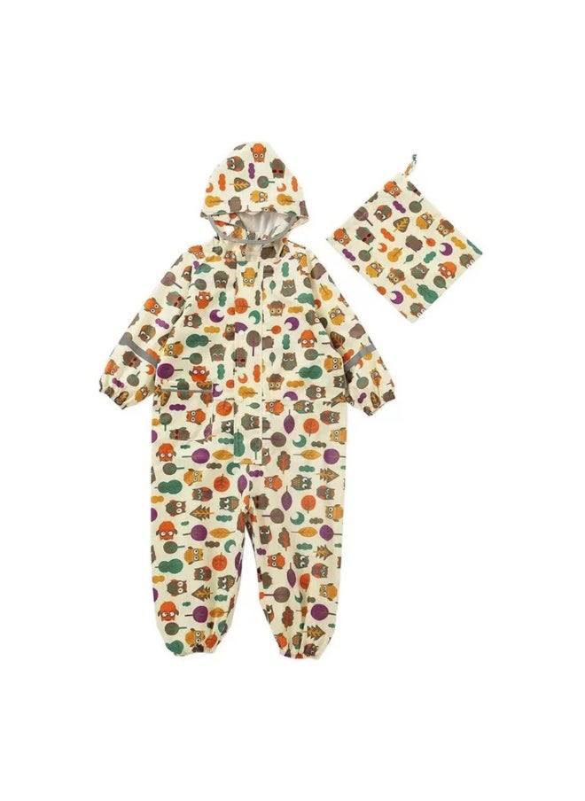 Cream Woodland Owl Theme All Over Jumpsuit / Playsuit Raincoat for Kids