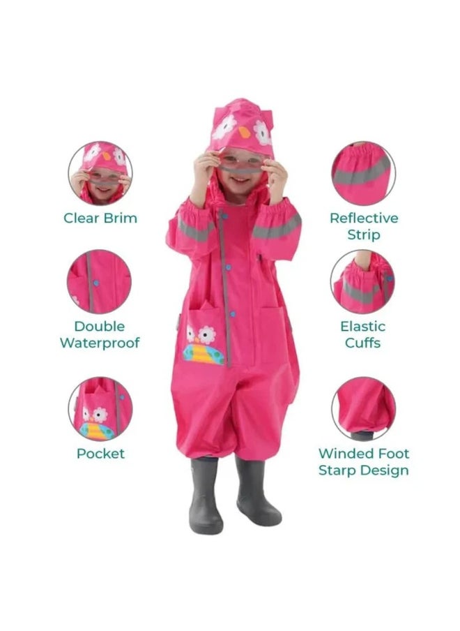 Fuchsia Pink Cute Owl Theme All Over Jumpsuit / Playsuit Raincoat for Kids