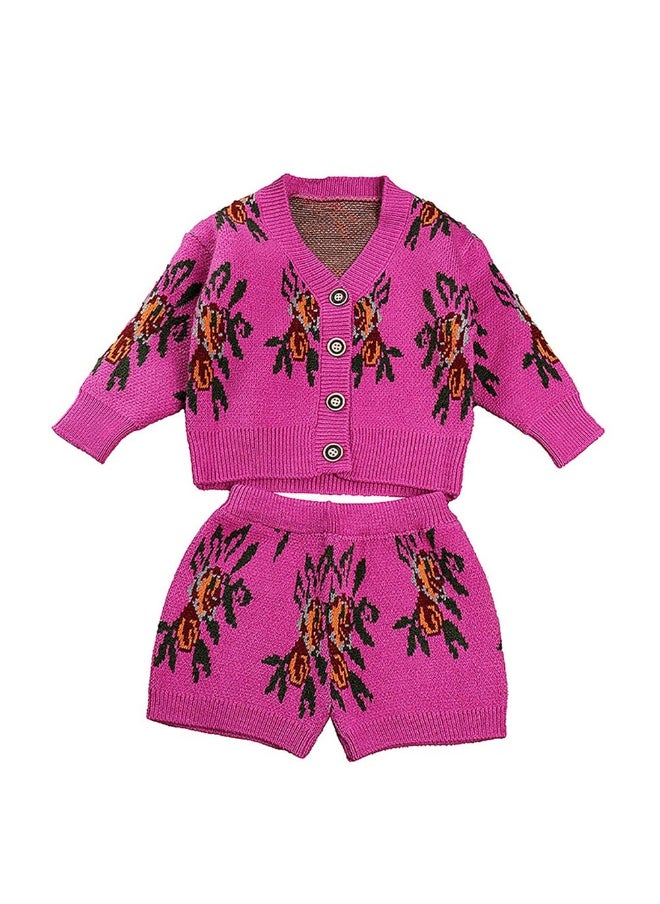 2pcs Magenta Flower Bunch Knitted Cardigan and shorts Winterwear set for girls