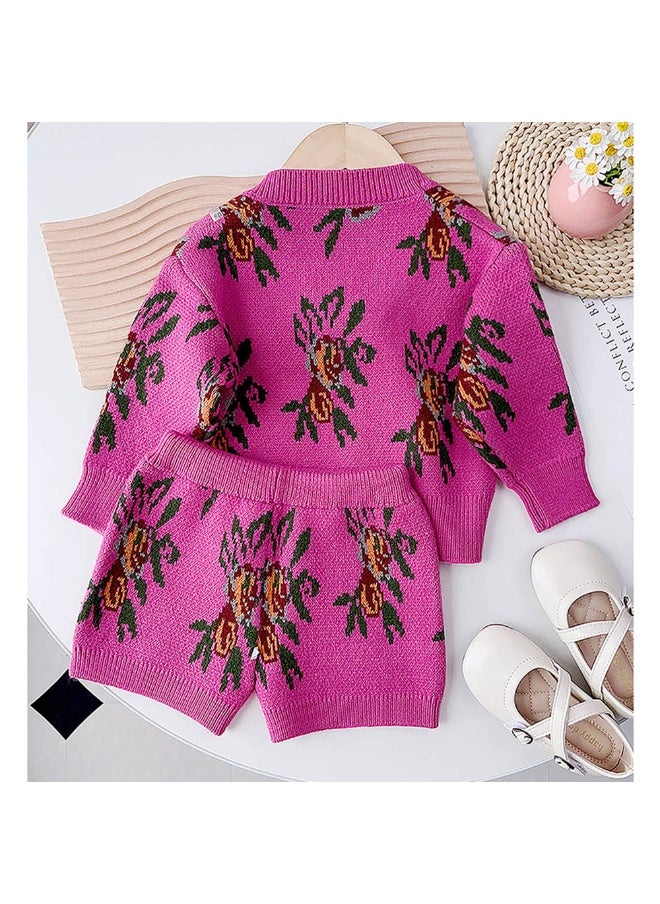 2pcs Magenta Flower Bunch Knitted Cardigan and shorts Winterwear set for girls