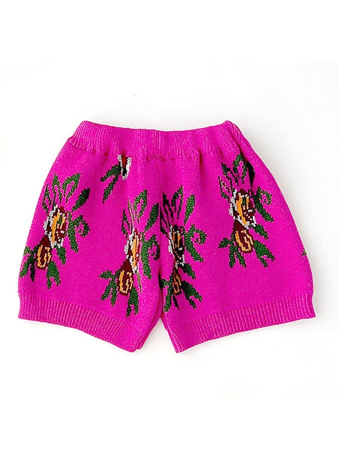 2pcs Magenta Flower Bunch Knitted Cardigan and shorts Winterwear set for girls