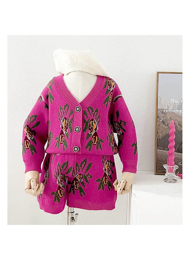 2pcs Magenta Flower Bunch Knitted Cardigan and shorts Winterwear set for girls