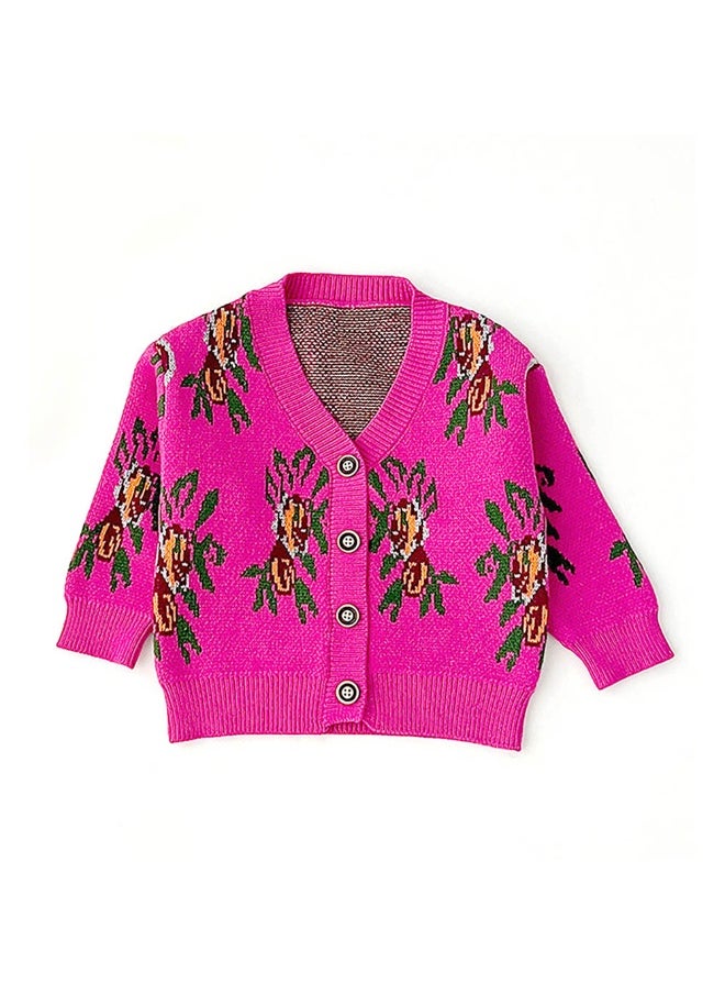 2pcs Magenta Flower Bunch Knitted Cardigan and shorts Winterwear set for girls