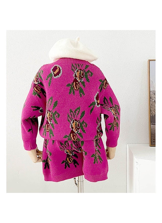 2pcs Magenta Flower Bunch Knitted Cardigan and shorts Winterwear set for girls