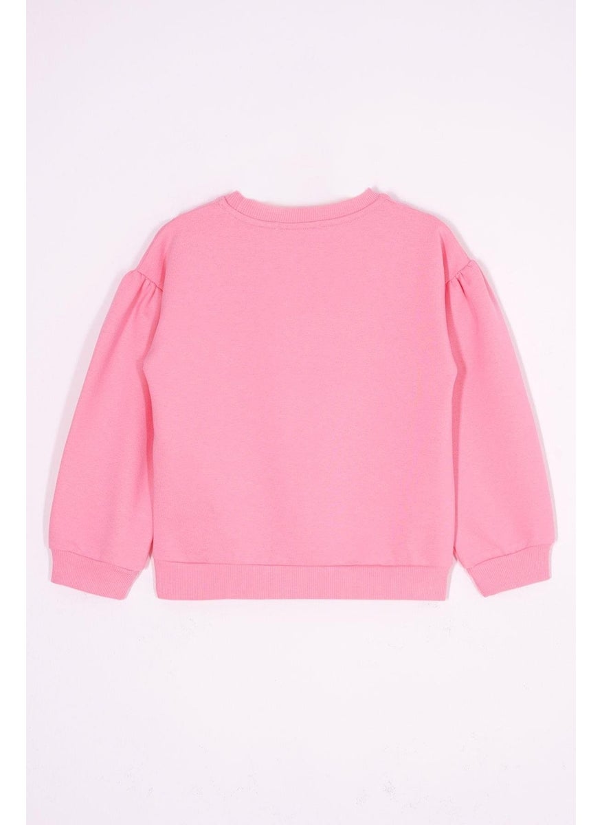 Crew Neck Long Sleeve Daisy Detail on the Slit Long Sleeve Pink Color Girls Tracksuit Set