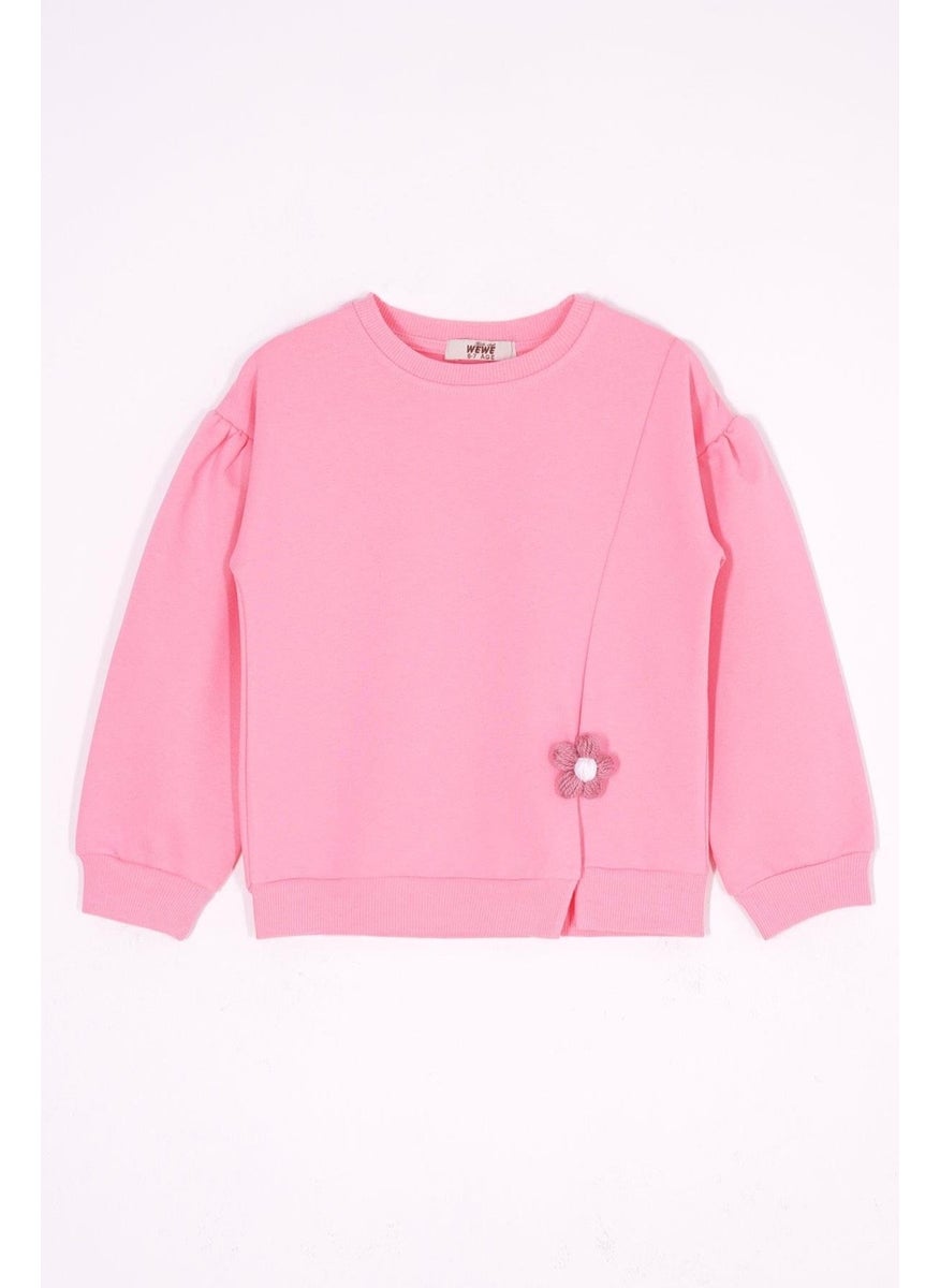 Crew Neck Long Sleeve Daisy Detail on the Slit Long Sleeve Pink Color Girls Tracksuit Set