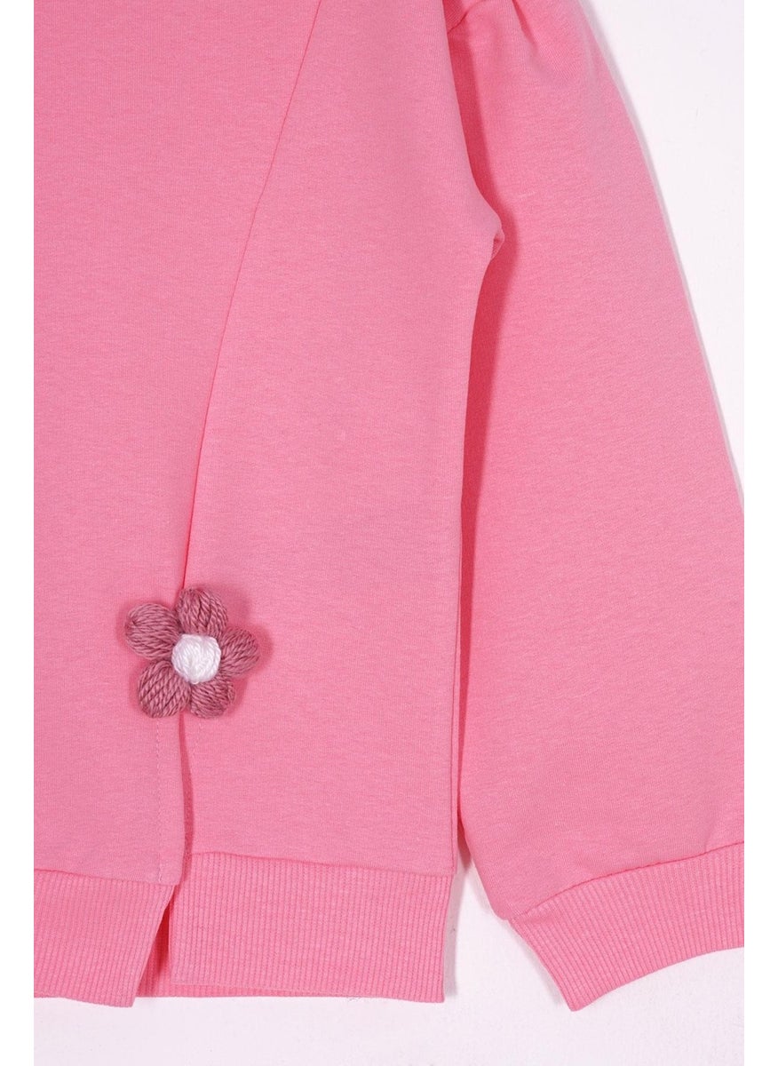 Crew Neck Long Sleeve Daisy Detail on the Slit Long Sleeve Pink Color Girls Tracksuit Set