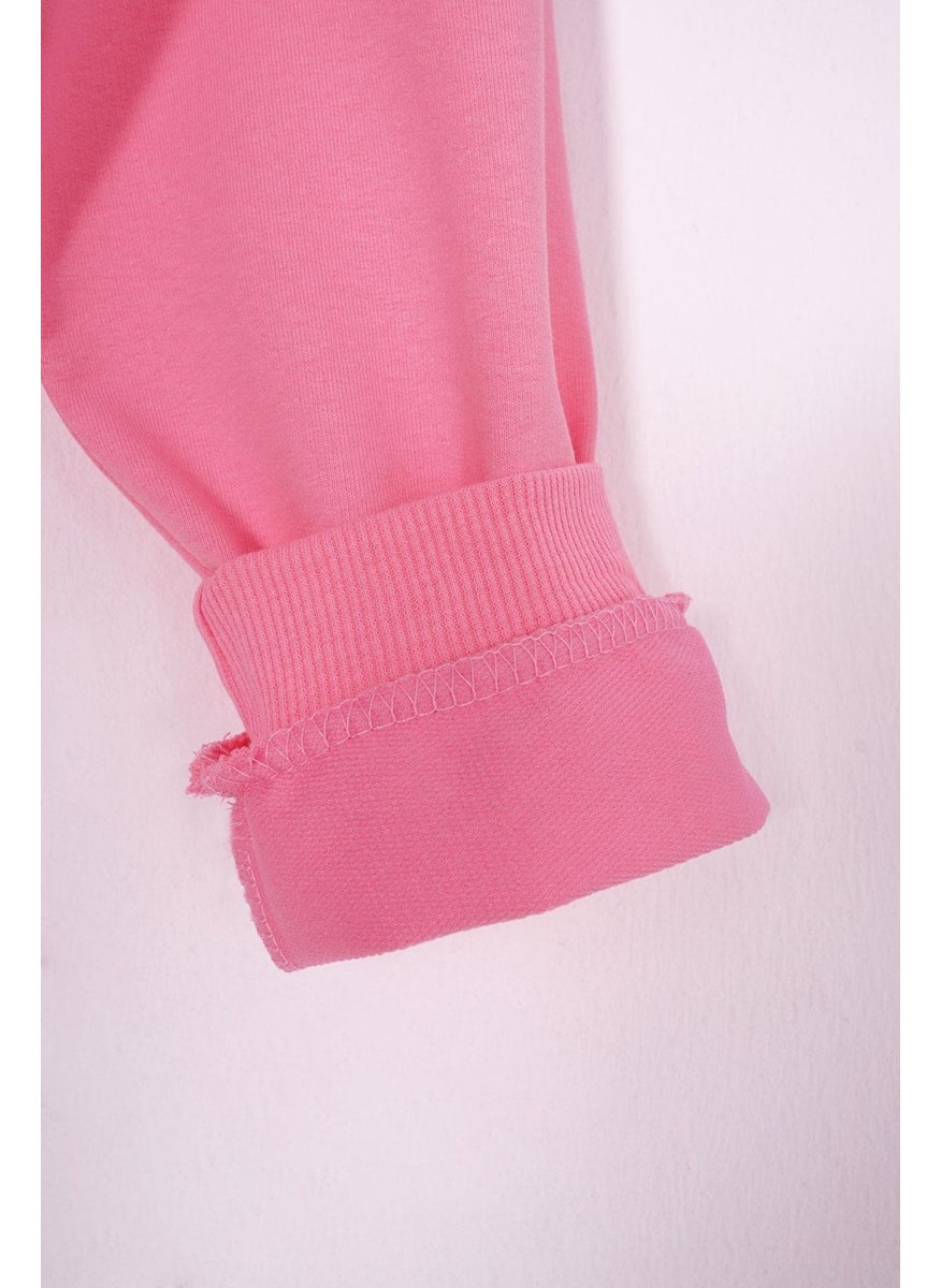 Crew Neck Long Sleeve Daisy Detail on the Slit Long Sleeve Pink Color Girls Tracksuit Set