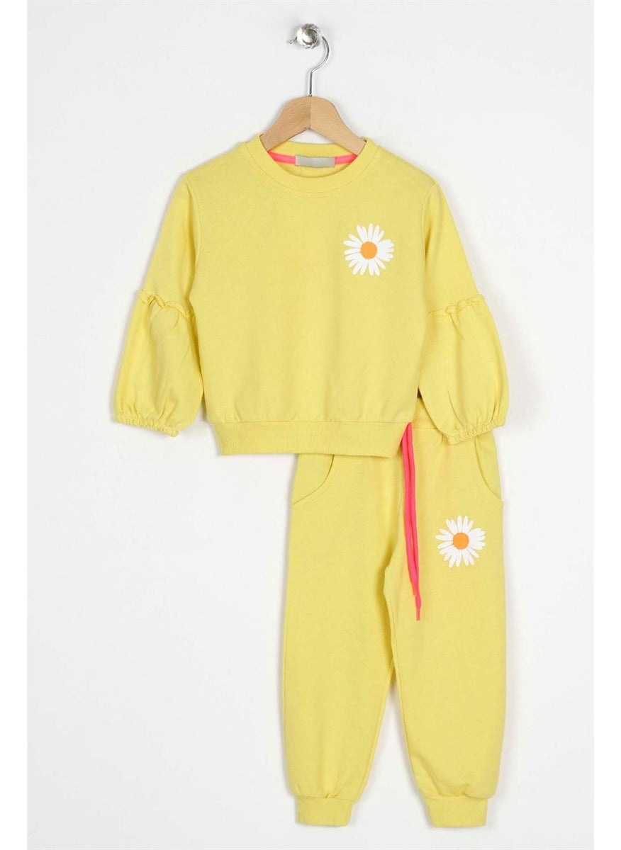 Girls Yellow Colored Ruffled Sleeve Tracksuit Set
