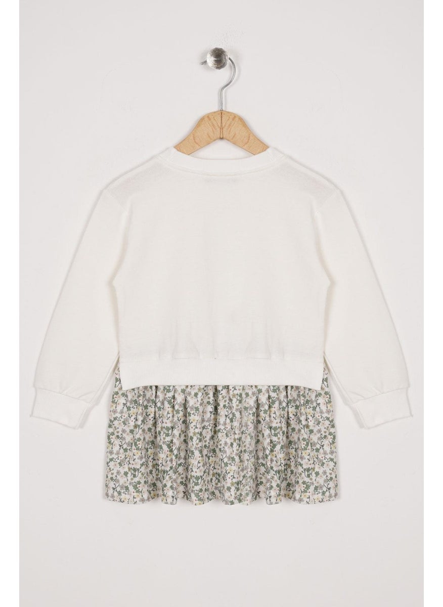 Crew Neck Long Sleeve Rabbit Printed Ecru Color Girl Skirt Suit