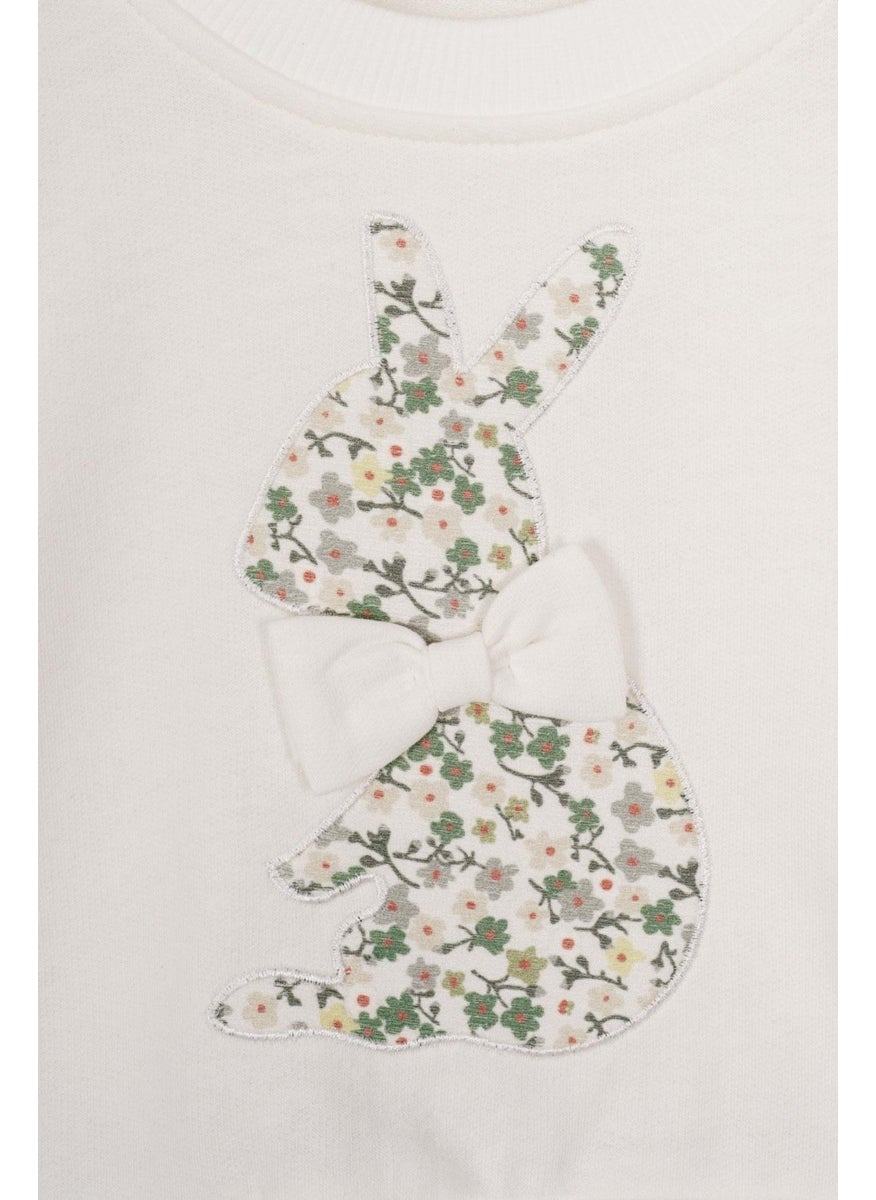 Crew Neck Long Sleeve Rabbit Printed Ecru Color Girl Skirt Suit