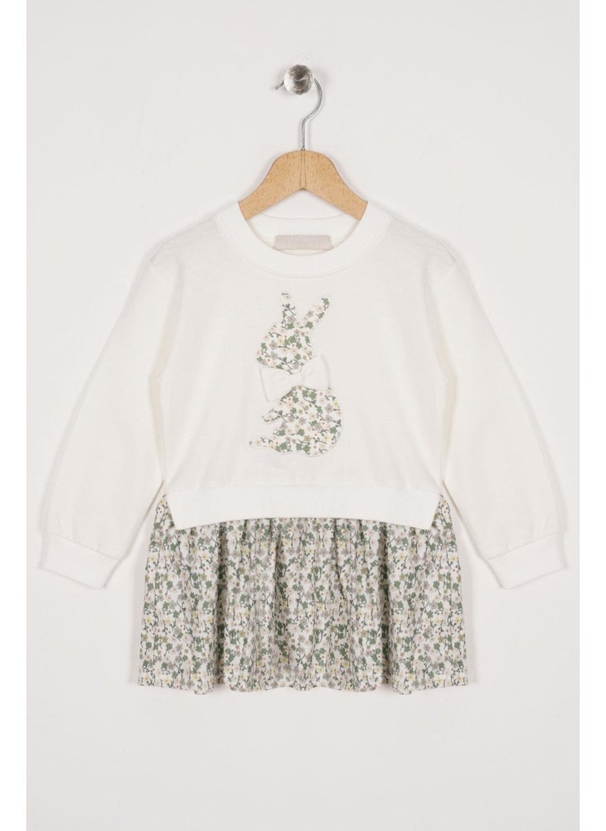 Crew Neck Long Sleeve Rabbit Printed Ecru Color Girl Skirt Suit