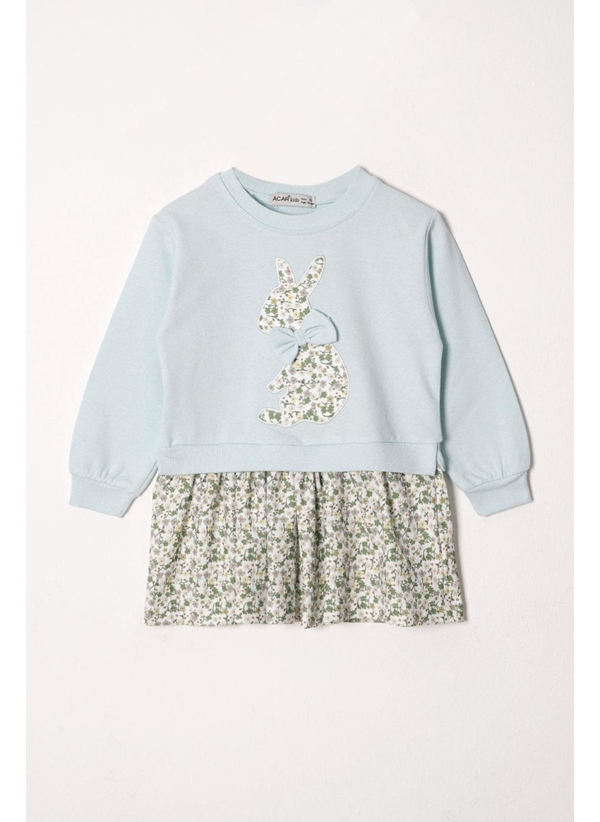 Crew Neck Long Sleeve Rabbit Printed Skirted Girl Mint Color Sweat Suit