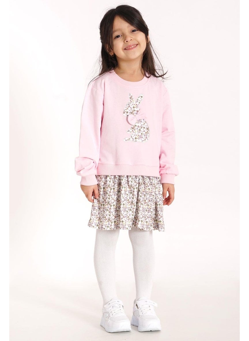 Crew Neck Long Sleeve Rabbit Printed Skirted Light Pink Color Sweat Suit