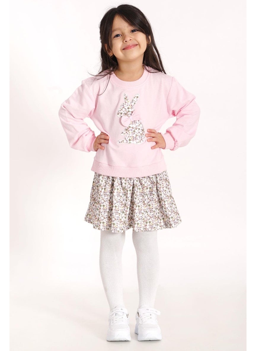 Crew Neck Long Sleeve Rabbit Printed Skirted Light Pink Color Sweat Suit