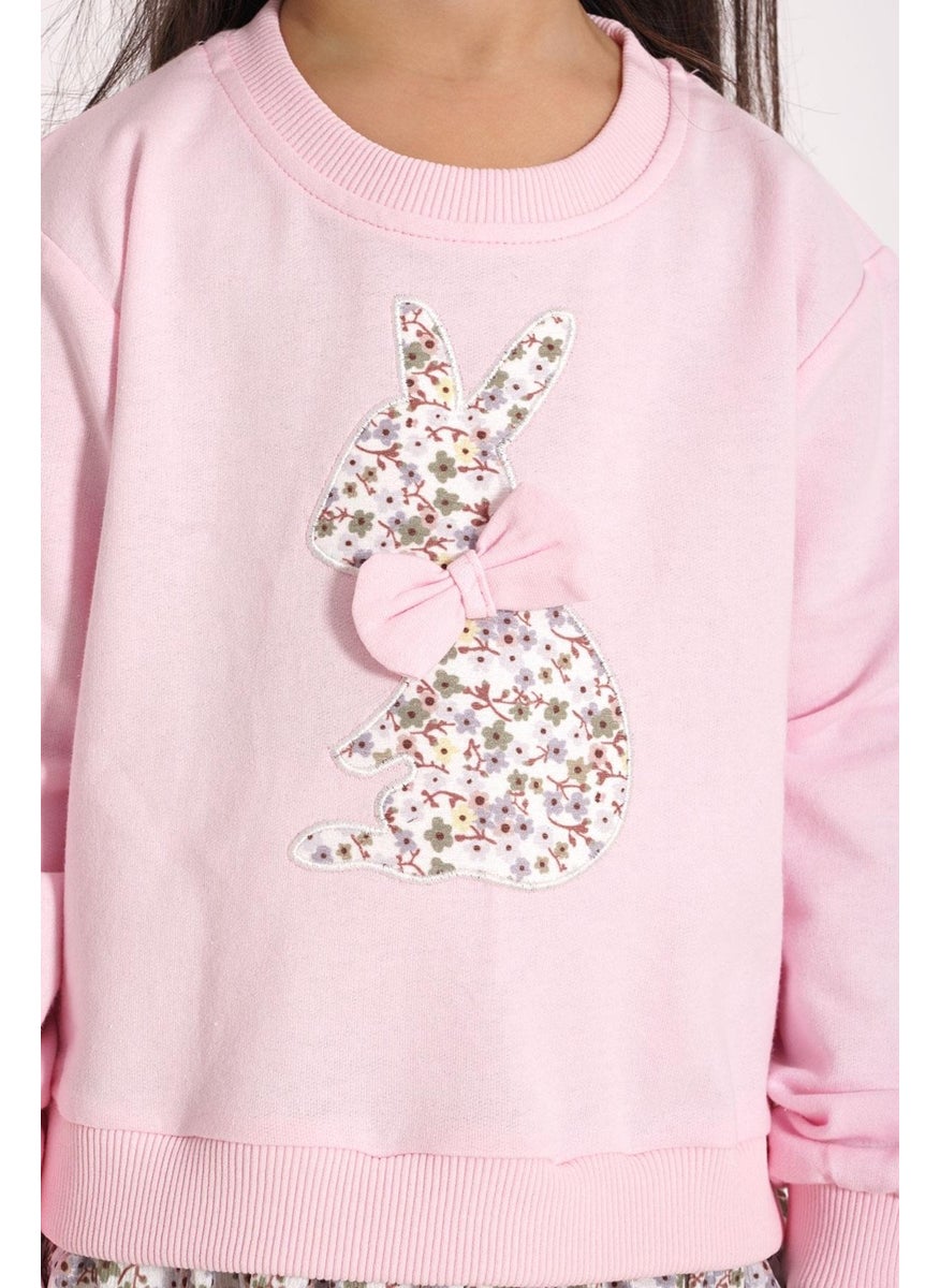 Crew Neck Long Sleeve Rabbit Printed Skirted Light Pink Color Sweat Suit