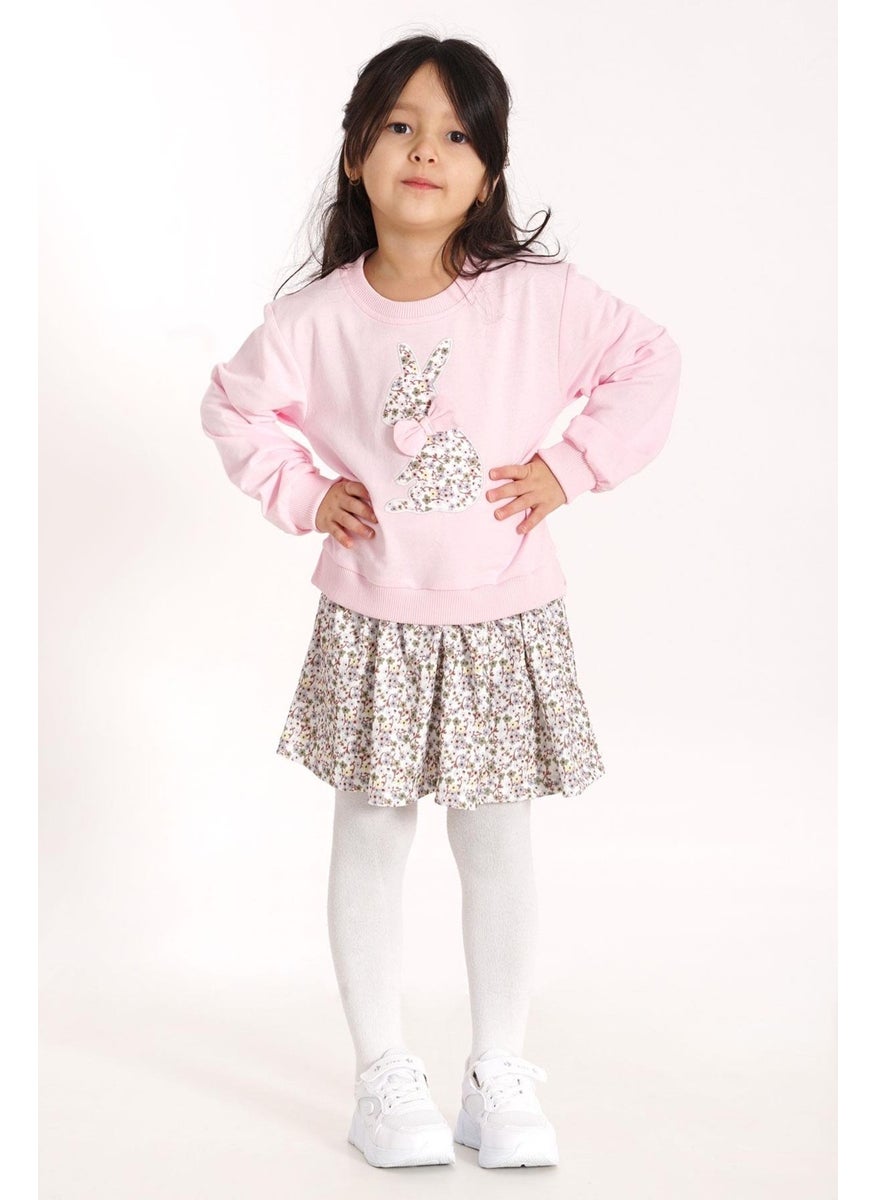 Crew Neck Long Sleeve Rabbit Printed Skirted Light Pink Color Sweat Suit